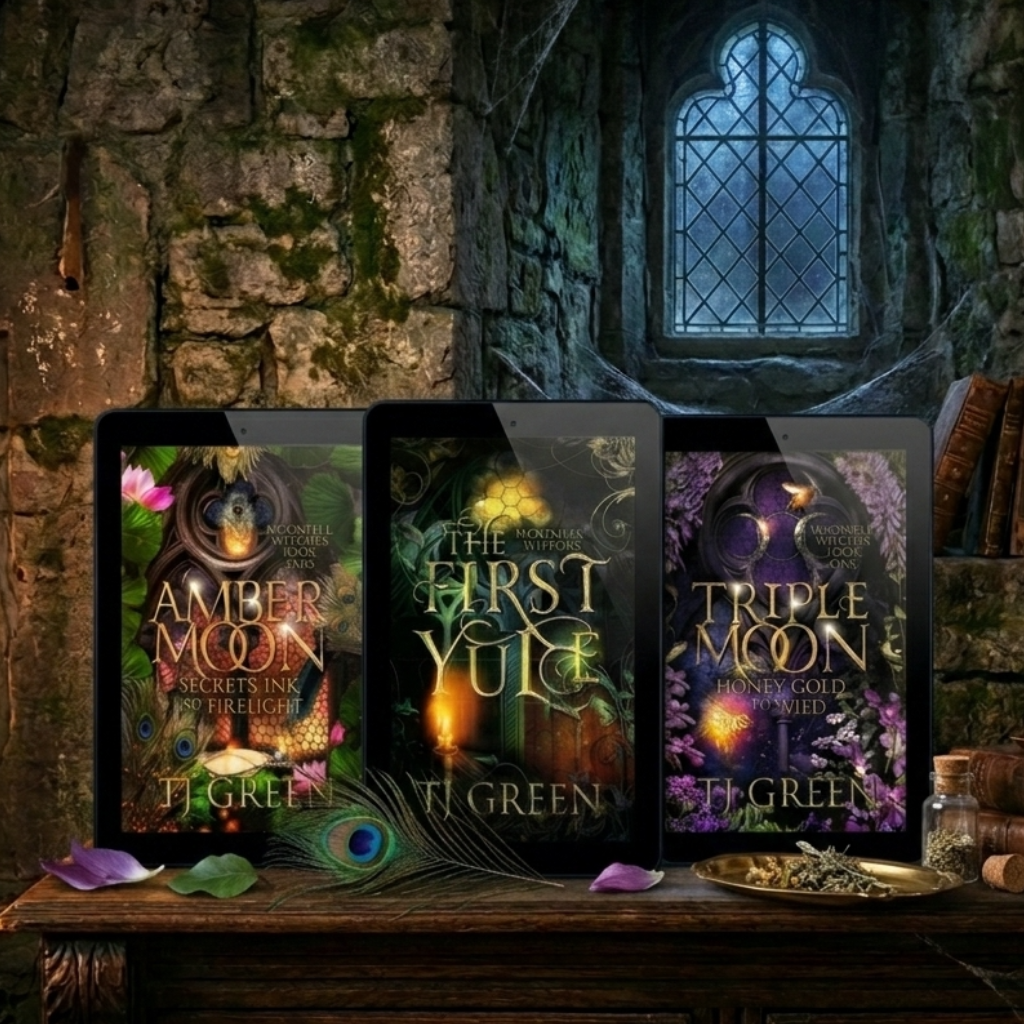 Three books titled 'Amber Moon', 'The First Yule', and 'Triple Moon' by T.J.