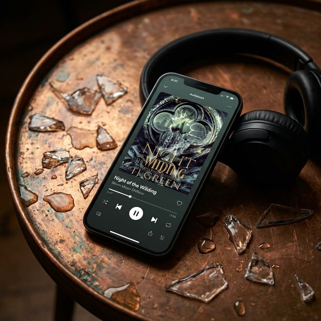 Phone displaying a music app with headphones and broken glass on a rustic surface