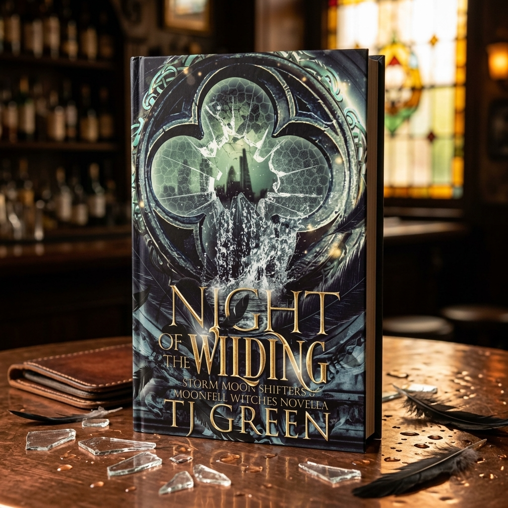 Book titled 'Night of the Wilding' by T.J. Green on a table with a blurred bar background