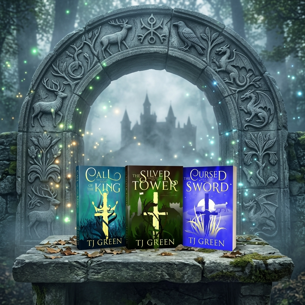 Three book covers by TJ Green are displayed on a stone bench in front of a carved stone archway with a misty forest and castle in the background. The books are titled 'Call of the King', 'The Silver Tower', and 'Cursed Sword'.