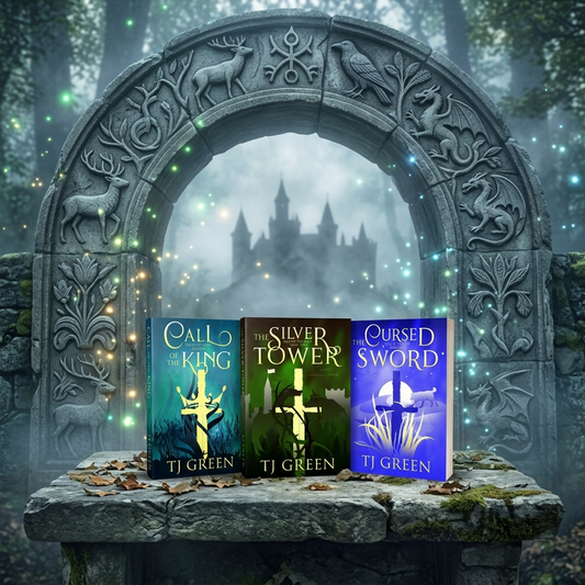 Three book covers by TJ Green are displayed on a stone bench in front of a carved stone archway with a misty forest and castle in the background. The books are titled 'Call of the King', 'The Silver Tower', and 'Cursed Sword'.