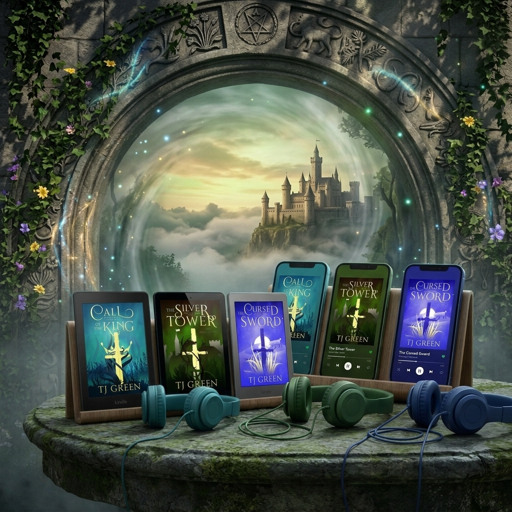 Three ebooks and three matching smartphones arranged on a stone table in front of a large stone archway, with teal and green headphones in front of each set. The books and phone cases feature fantasy cover art including the titles 'Call of the Sword', 'Silver Tower', and 'Cursed Sword', and the author name Ti Green.