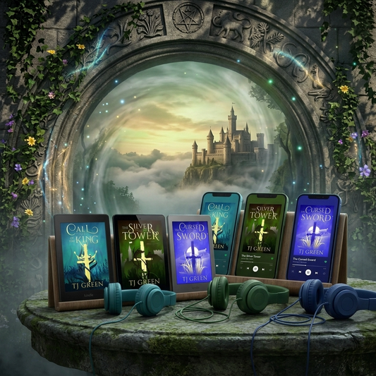 Three ebooks and three matching smartphones arranged on a stone table in front of a large stone archway, with teal and green headphones in front of each set. The books and phone cases feature fantasy cover art including the titles 'Call of the Sword', 'Silver Tower', and 'Cursed Sword', and the author name Ti Green.
