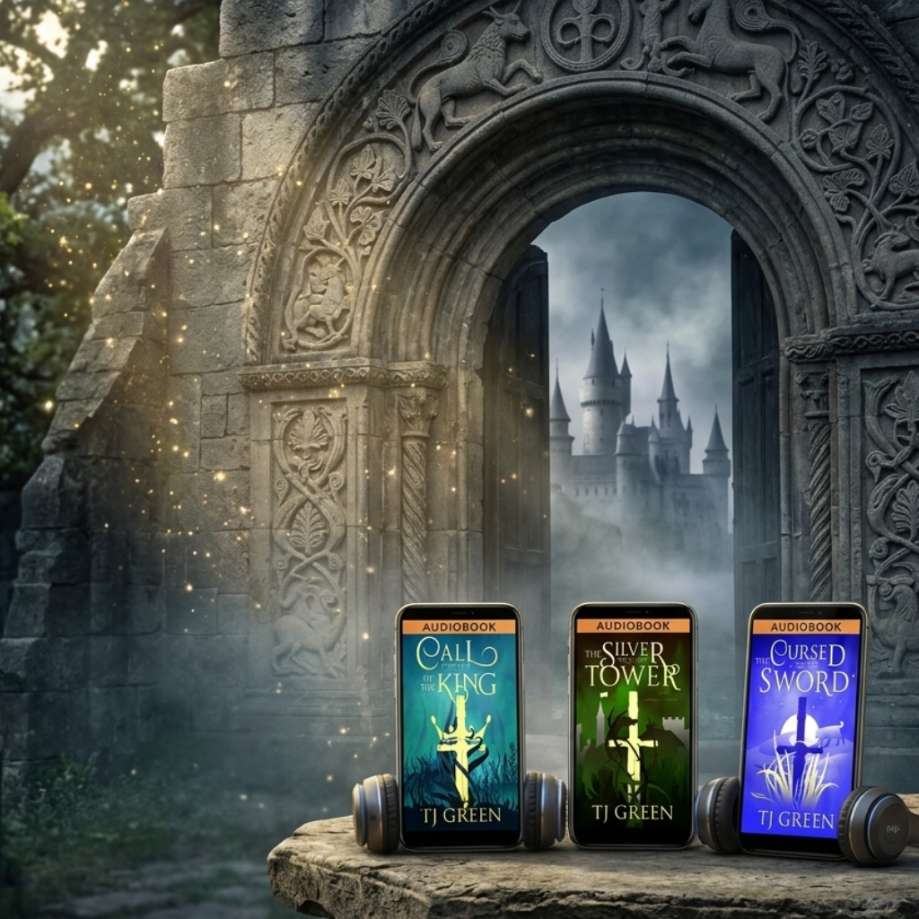 Three fantasy book covers are displayed upright on a stone table in front of an ornate gothic stone archway, with glowing books and small headphones in front. The visible titles are Call of the King, Silver Tower, and Cursed Sword, and the author name J.