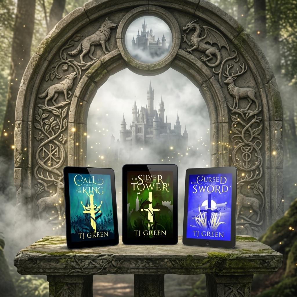 Three fantasy book covers by TJ Green are displayed on tablet screens resting on a stone bench in front of an ornate stone archway with a misty castle in the background.