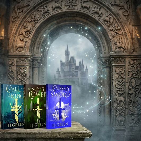 Three fantasy book covers by TJ Green are lined up on a stone ledge in front of an ornate stone archway with a misty castle in the background. The books are titled Call of the King, The Silver Tower, and Ours the Sword.