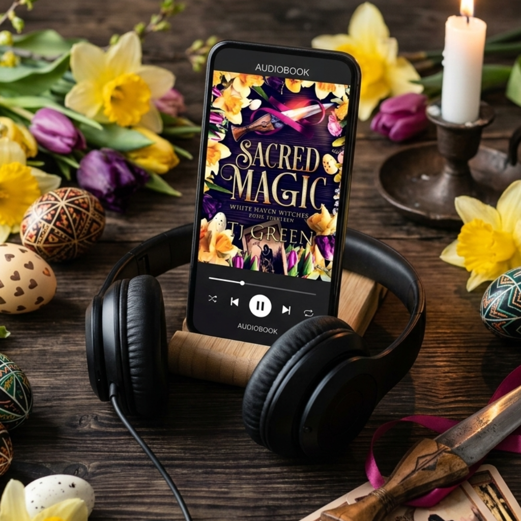 Phone displaying an audiobook cover titled 'Sacred Magic' with headphones on a wooden table surrounded by flowers and candles.