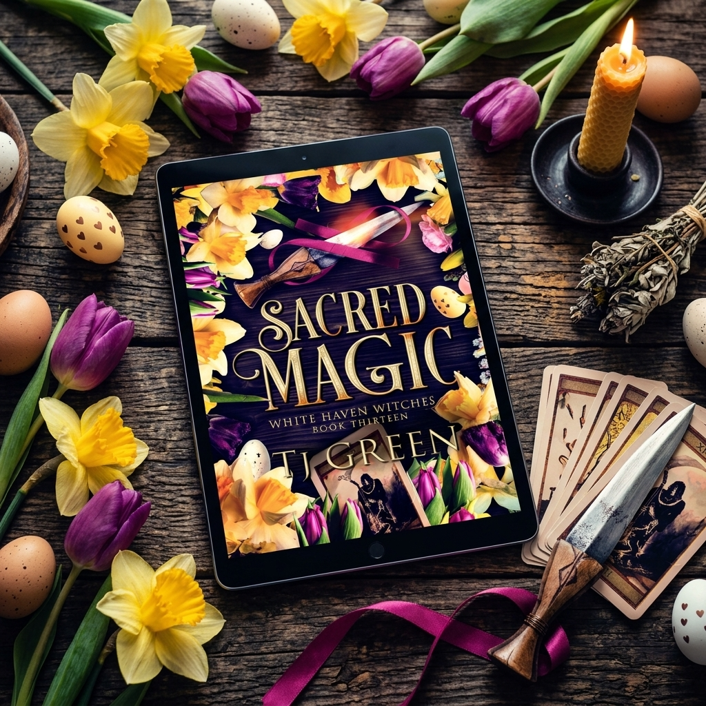 Tablet displaying a book cover titled 'Sacred Magic' on a wooden table with flowers and candles.