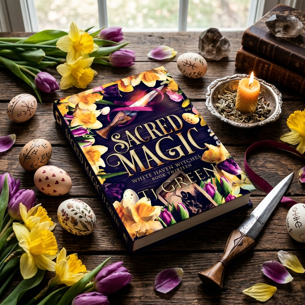 Book titled 'Sacred Magic' surrounded by flowers and mystical items on a wooden surface