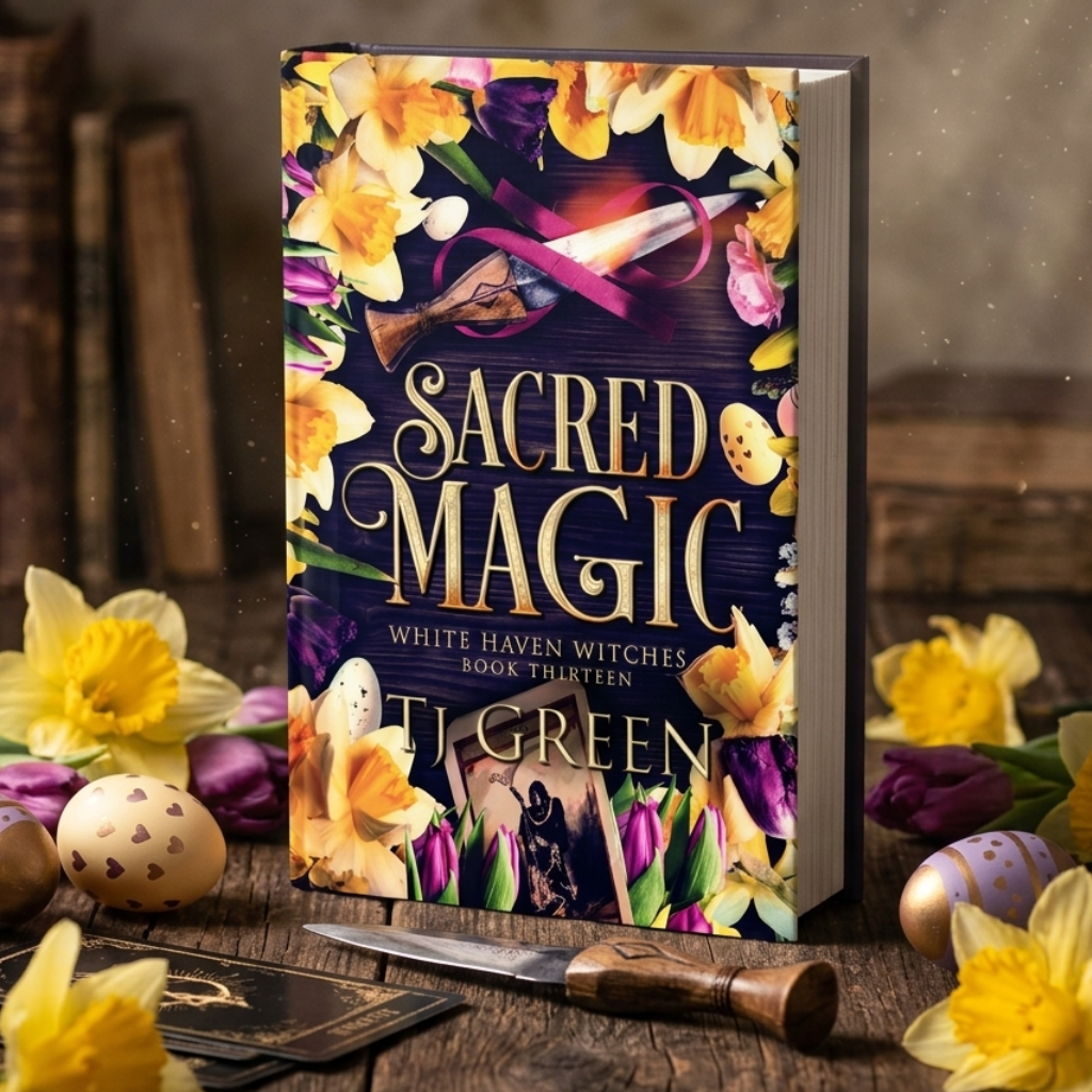 Book titled 'Sacred Magic' by Ti Green on a wooden surface with flowers and eggs.