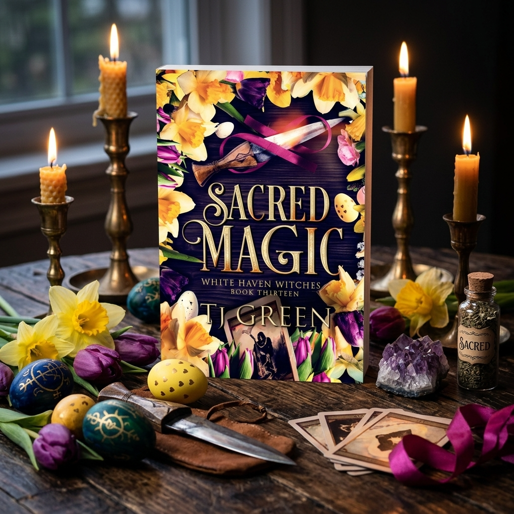 Scared Magic book on wooden table surrounded by painted eggs, daffodils, and beeswax candles