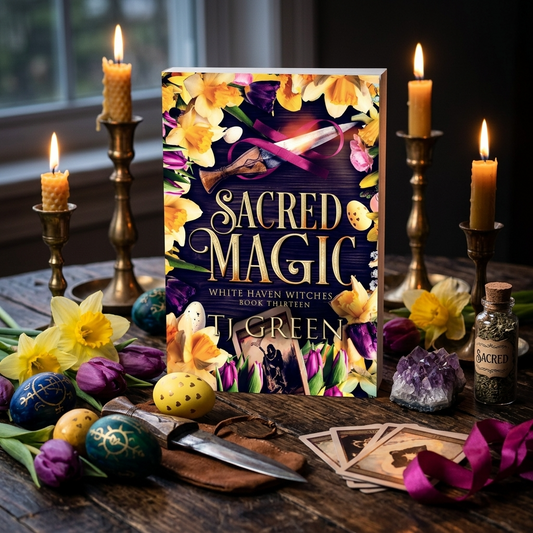 Scared Magic book on wooden table surrounded by painted eggs, daffodils, and beeswax candles