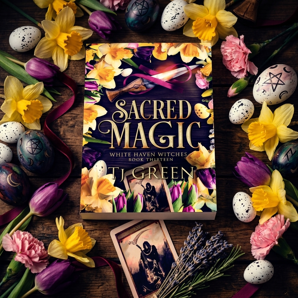 Book titled 'Sacred Magic' by T.J. Green surrounded by flowers and decorative eggs on a wooden surface.
