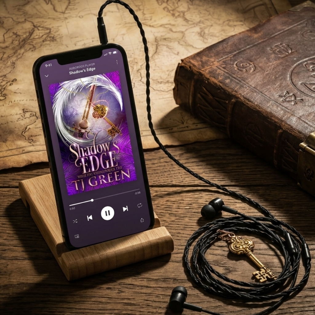 shadows edge audiobook on a phone with ear phones, with a map.