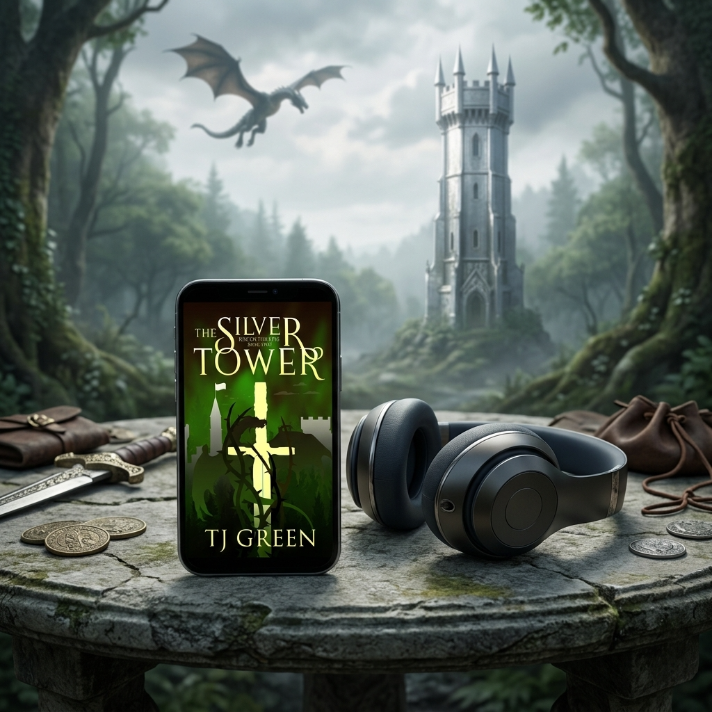 A smartphone displaying the book cover of 'The Silver Tower' by TJ Green is placed on a stone table in a fantasy forest scene with a dragon flying overhead, a castle in the distance, and headphones, coins, and leather accessories around it.