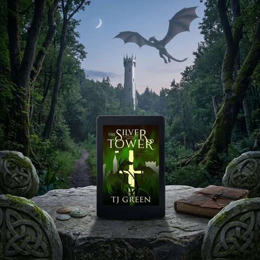 A digital book cover for 'The Silver Tower' by TJ Green is displayed on a tablet screen, set against a fantasy forest backdrop with a stone tower, a flying dragon, and a crescent moon.