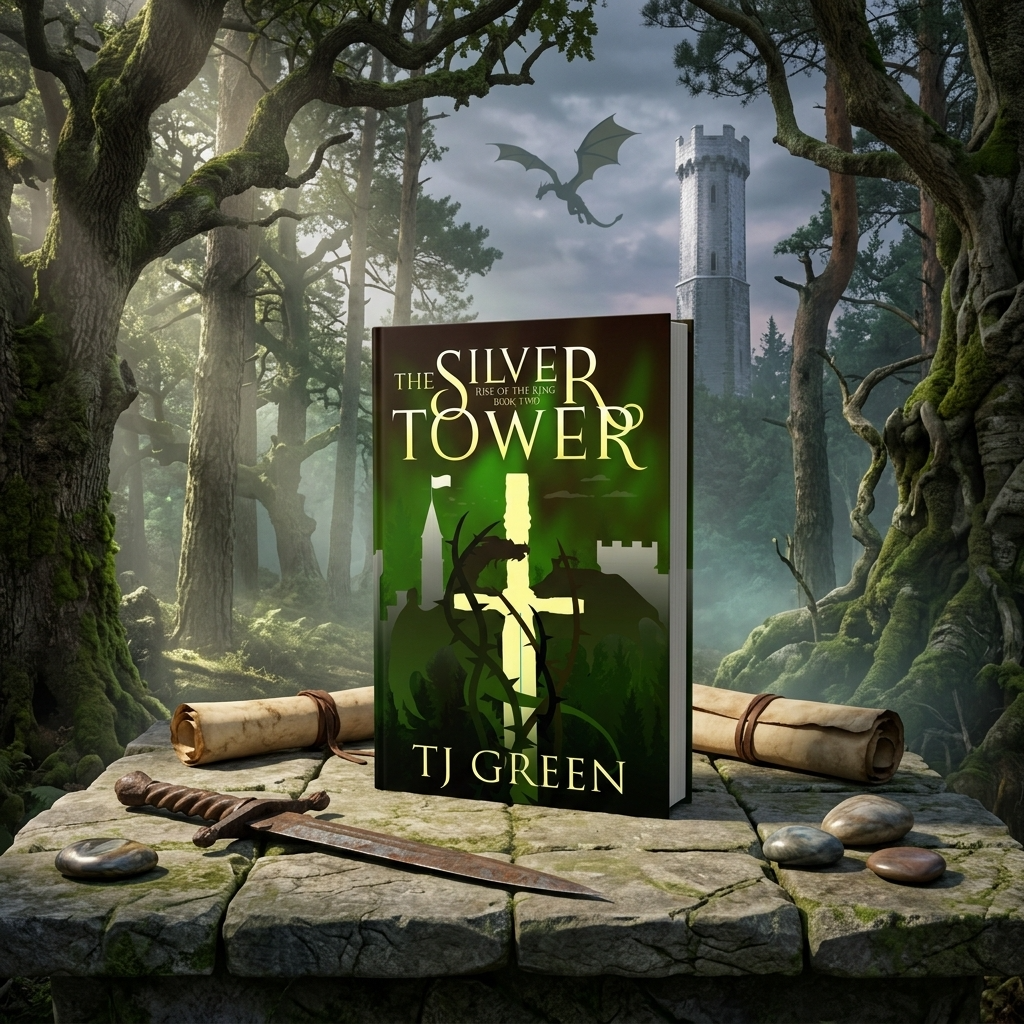 A book titled "The Silver Tower" by TJ Green stands upright on a stone surface in a fantasy forest scene. The cover is dark green and black with a glowing silver cross and castle silhouette.