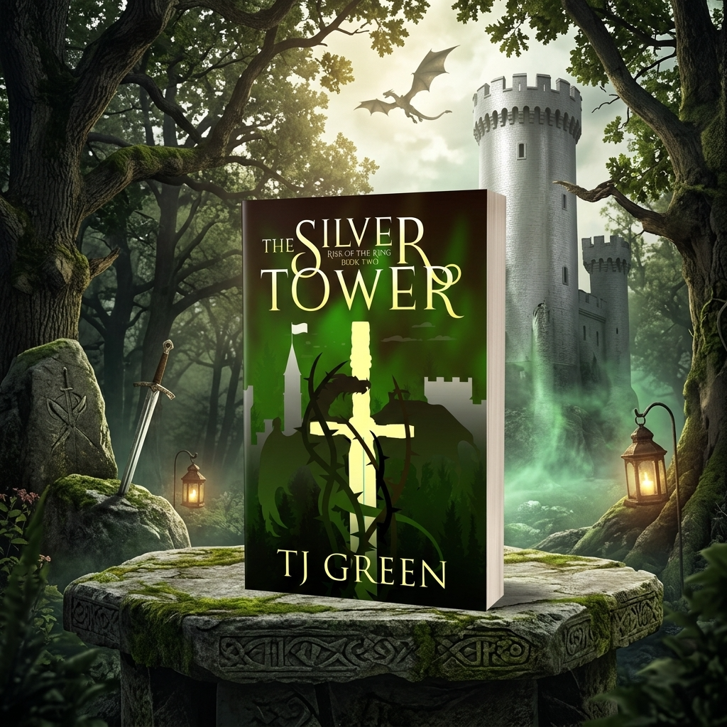 Book cover for 'The Silver Tower' by TJ Green, displayed on a mossy stone pedestal in a fantasy forest scene with a castle, trees, lanterns, and a sword.