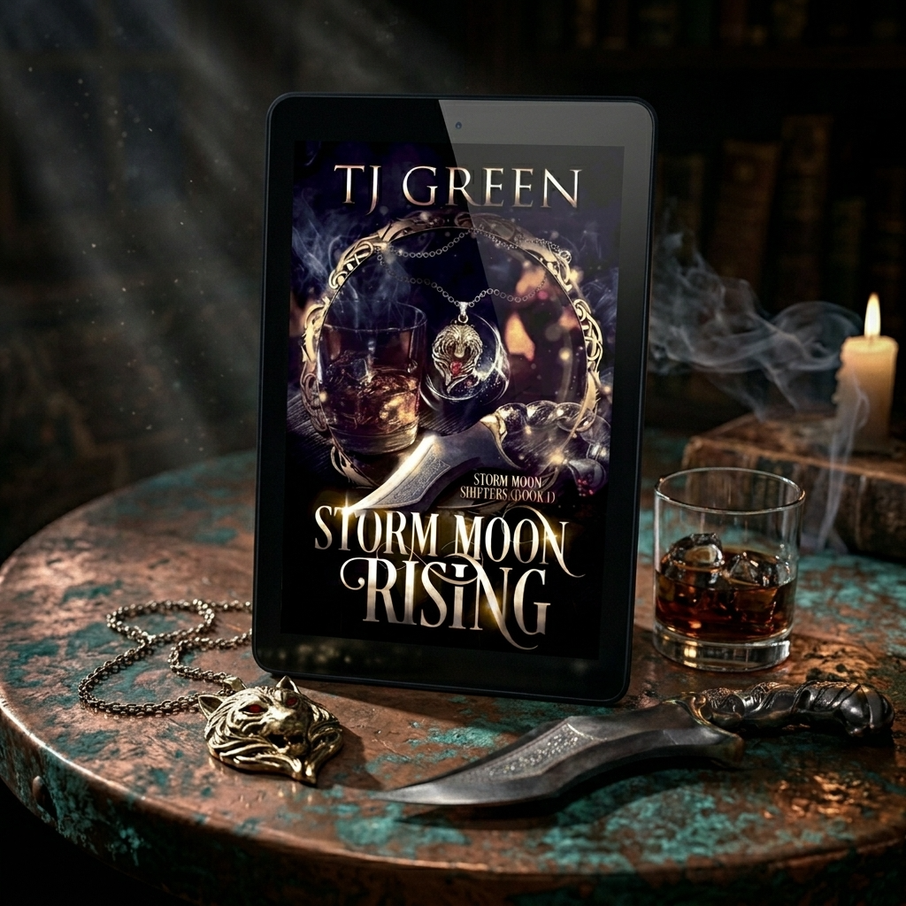 E-reader displaying 'Storm Moon Rising' by T.J. Green on a table with a glass of whiskey and a candle.