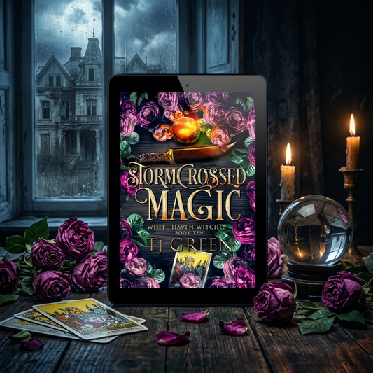 Tablet displaying 'Storm-Crossed Magic' with a mystical setting featuring candles, roses, and a crystal ball.