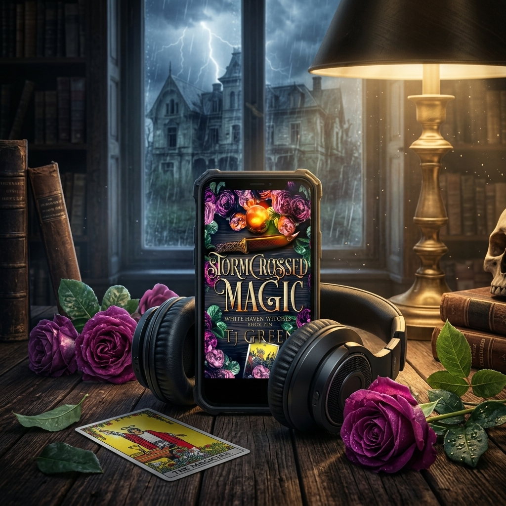 Phone displaying 'Storm-Cursed Magic' book cover with headphones, roses, and a stormy window background.