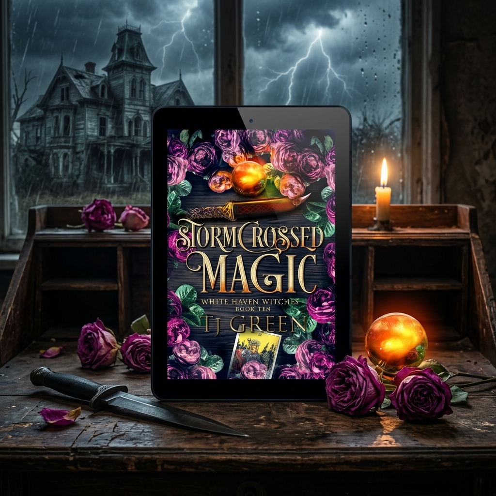 E-reader displaying 'Stormcrossed Magic' with a mystical setting featuring a candle, roses, and a haunted house.