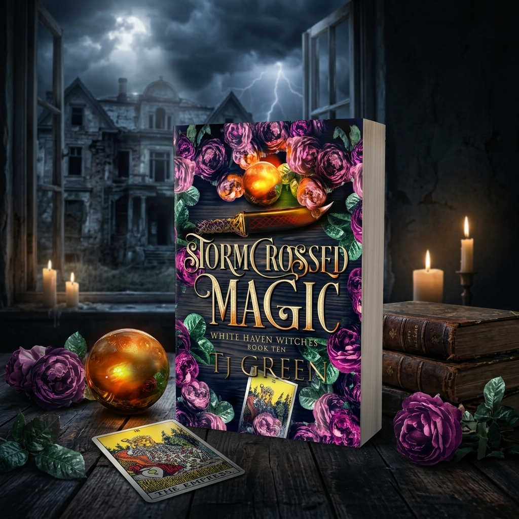 Book titled 'Storm Crossed Magic' with a magical theme and dark, stormy background.