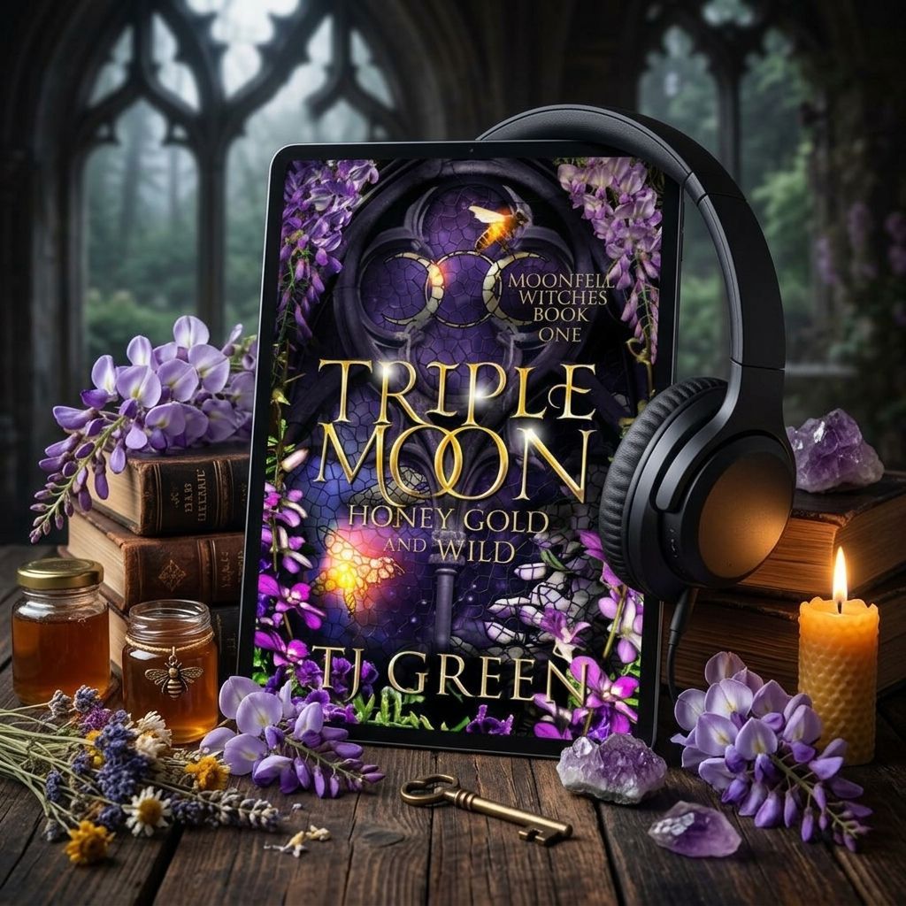 Book titled 'Triple Moon' with headphones, candles, and flowers on a wooden surface.