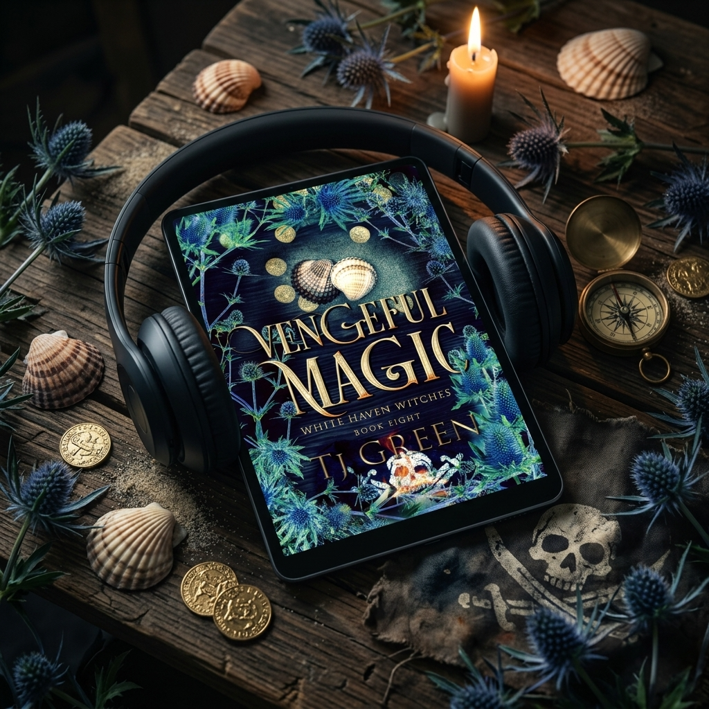 Tabletop with 'Vengeful Magic' book, headphones, and mystical objects on a wooden surface.