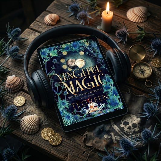 Tabletop with 'Vengeful Magic' book, headphones, and mystical objects on a wooden surface.