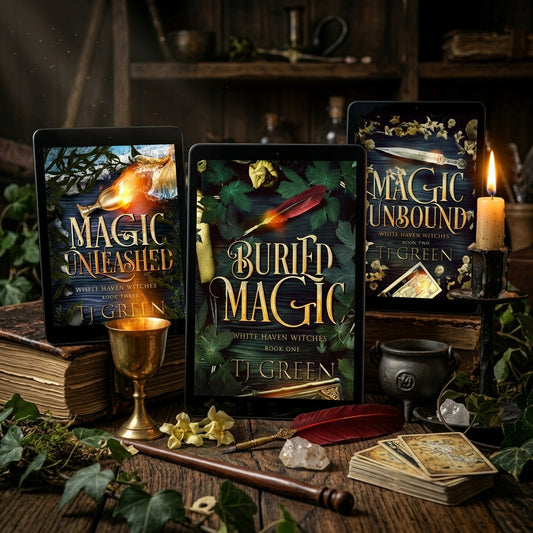 Three Ebooks by TJ Green titled 'Magic Unleashed', 'Buried Magic', and 'Magic Unbound' are displayed on a rustic wooden surface with candles, a gold goblet, crystals, and old books in a dark, atmospheric setting.