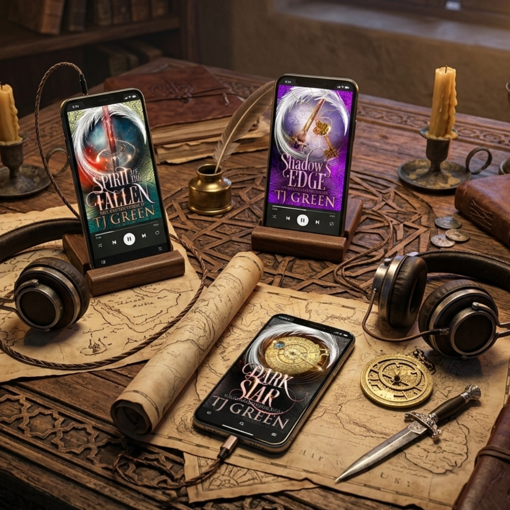Two smartphones displaying book covers titled 'The Fall of J. Green' and 'A Dark Star J.