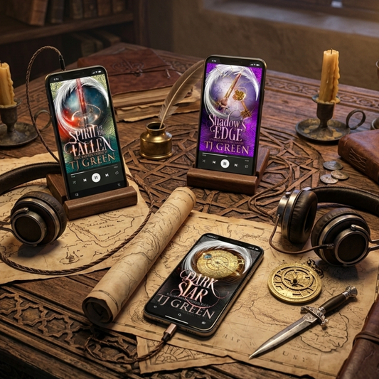 Two smartphones displaying book covers titled 'The Fall of J. Green' and 'A Dark Star J.