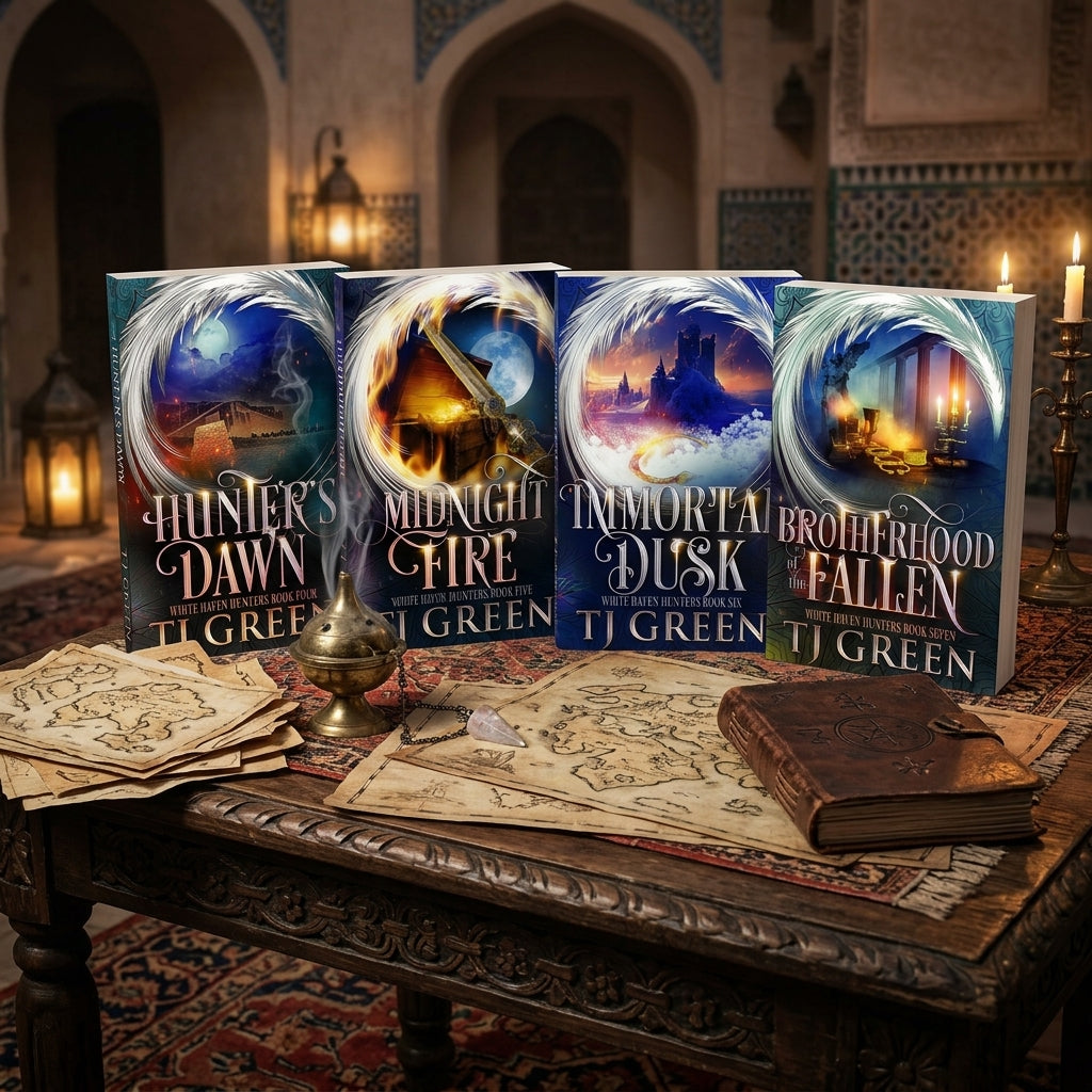 Four fantasy book covers by TJ Green are displayed on a carved wooden table in a dimly lit, ornate room. The books are arranged in a row with a brass oil lamp, scattered maps, and a leather-bound journal in front of them.