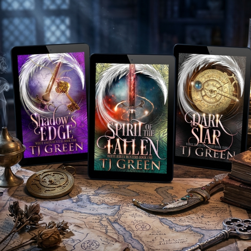 Three digital book covers by TJ Green are displayed on tablet screens, arranged on a wooden table with a map, keys, a lantern, and other fantasy-themed props in a dimly lit interior setting.