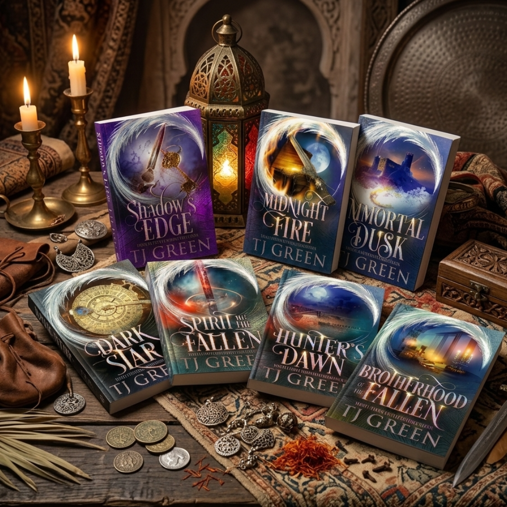 A styled tabletop display of seven fantasy book covers by JT Green, arranged with candles, coins, leather pouches, and decorative objects against a dark, ornate background.