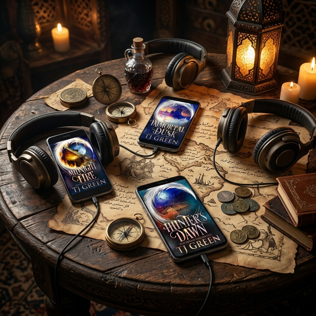 A styled tabletop scene with two smartphones displaying book covers, surrounded by over-ear headphones, candles, a lantern, coins, a compass, and old books on a wooden table. The book covers read 'A Night Story' and 'A Hunter's Dawn' by TJ Green.