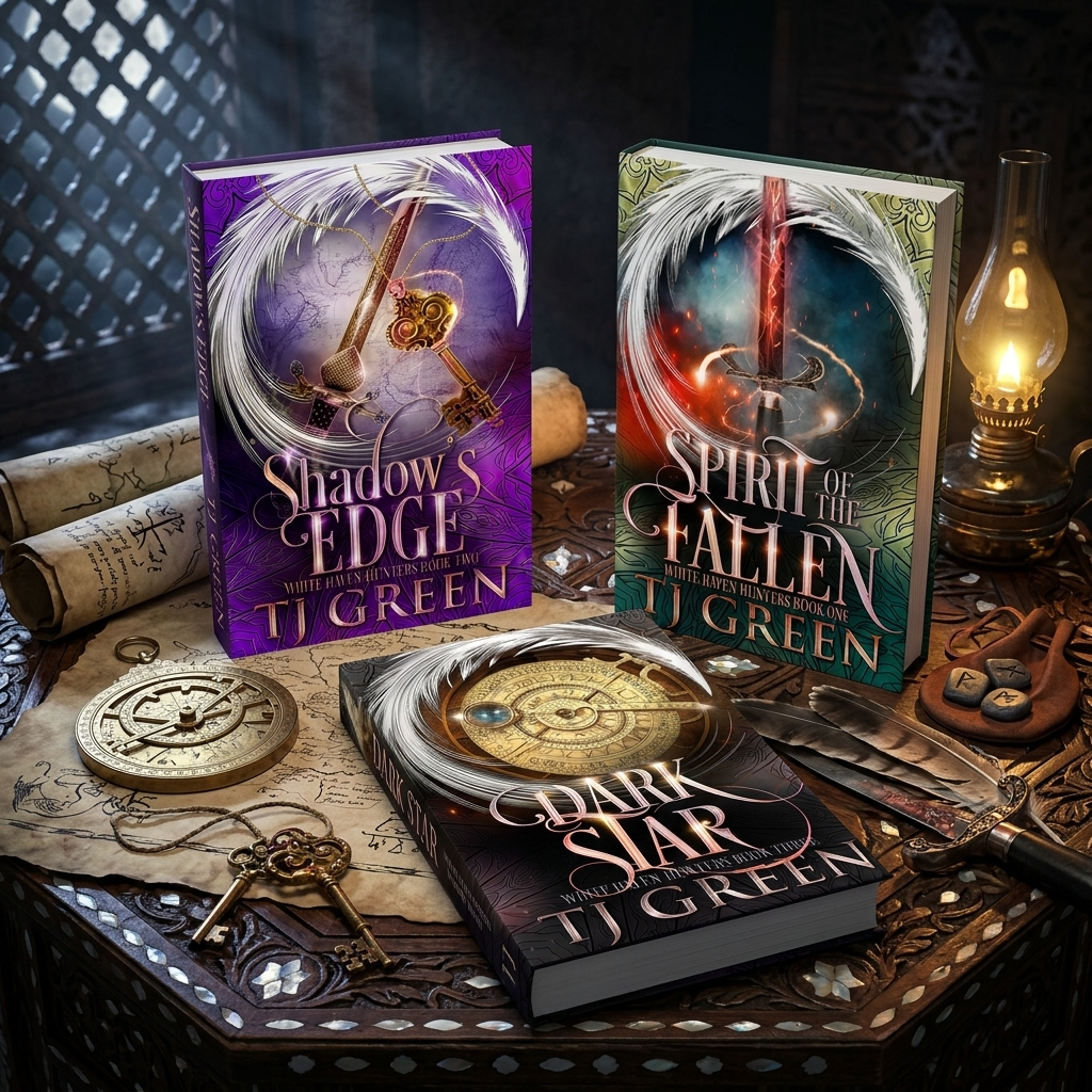 Three fantasy book covers by TJ Green are arranged on a dark carved table with rolled scrolls, keys, a lantern, and other vintage props. The visible titles are Shadow's Edge, Spirit of Fallen, and Dark Star.