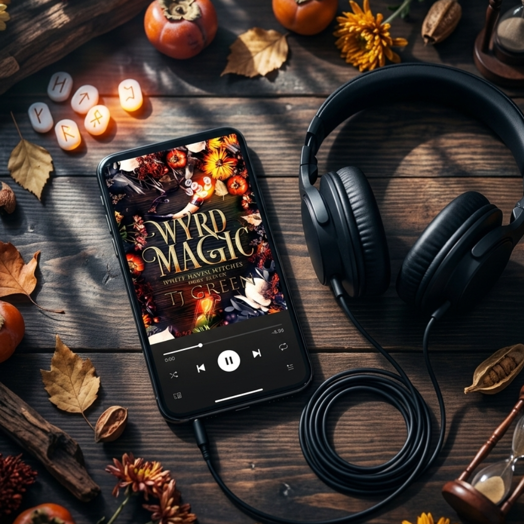 Phone with 'Wyrd Magic' book displayed, headphones, and autumn-themed items on a wooden surface.