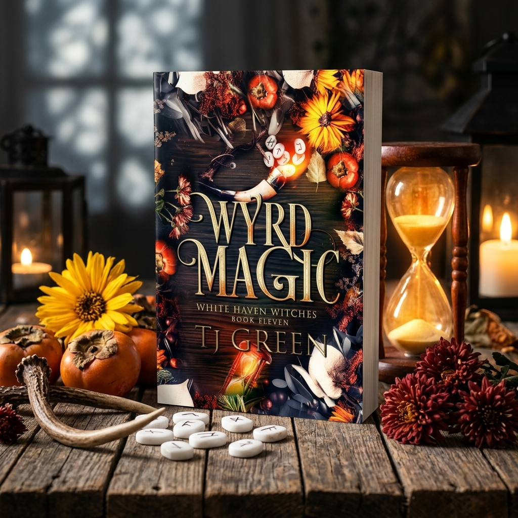 Book titled 'Wyrd Magic' by T.J. Green on a wooden surface with Halloween-themed decor.