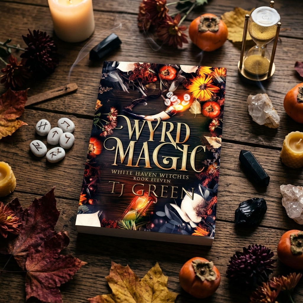 Book titled 'Wyrd Magic' by TJ Green surrounded by autumnal elements on a wooden surface.